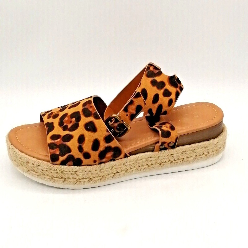 Shoeland Shoes Womens Brown Leopard 8.5 Espadrille Sandal Buckle Strap Platform